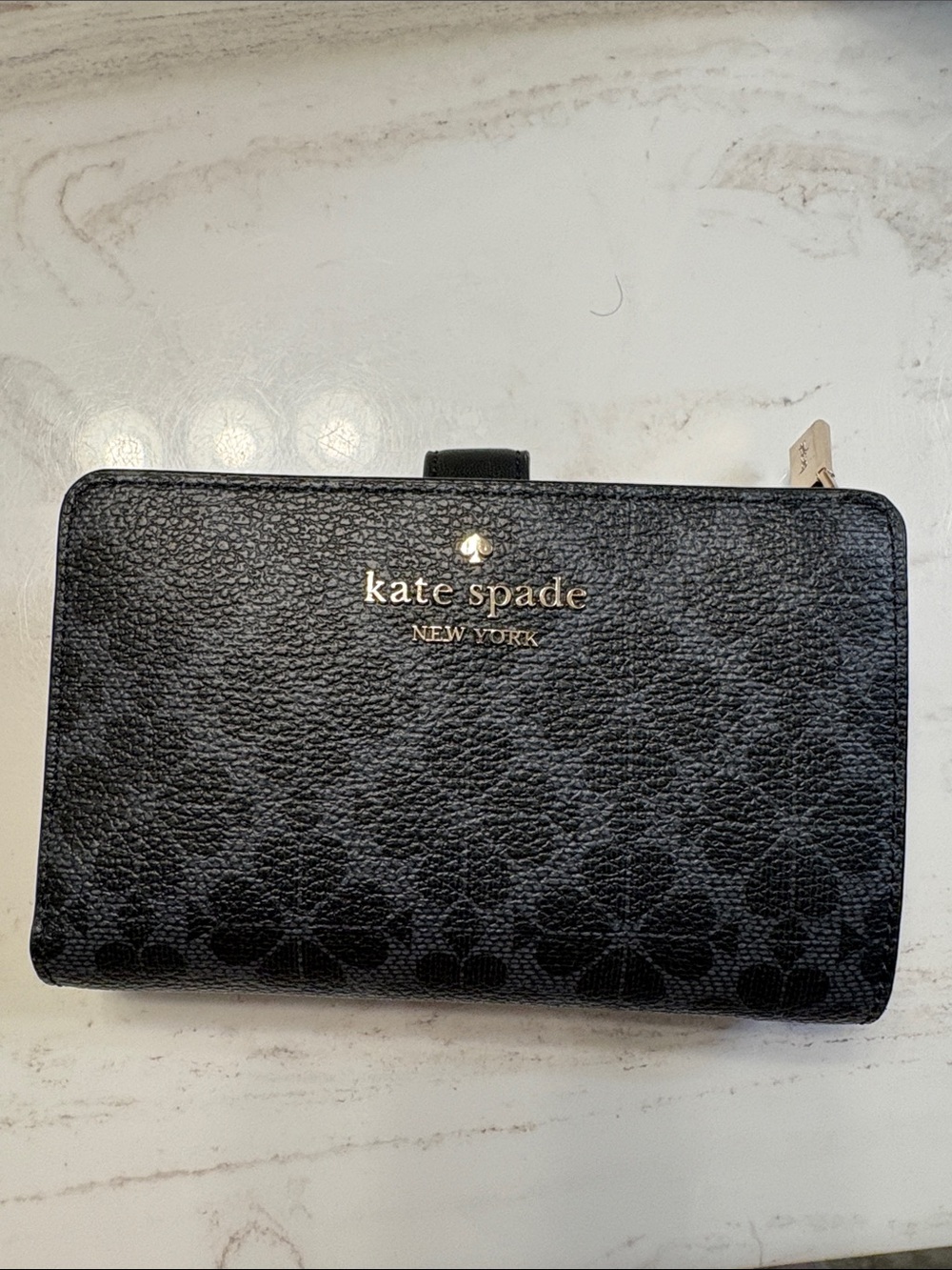 kate spade Black Floral Embossed Zip Wallet with Gold Logo